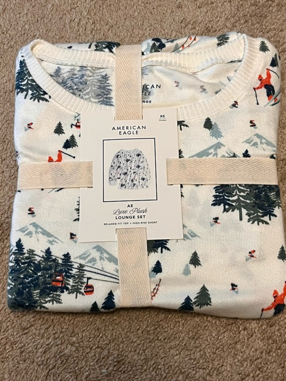 American Eagle Outfitters Cream Plush Lounge Set with Green Trees & Red Skiers - Picture 2 of 3